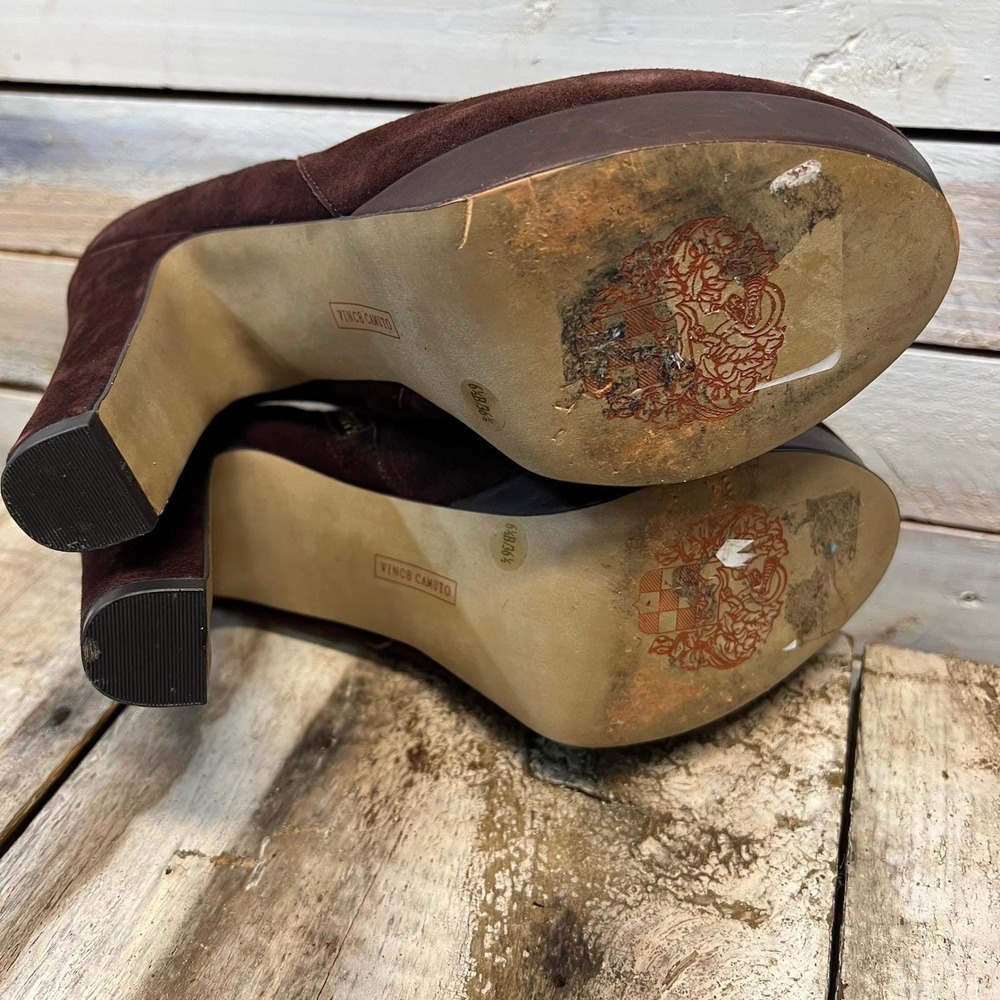Vince Camuto Brown Suede Platform Ankle Boots Gold Zip Block Heel 6.5B - Picture 6 of 9